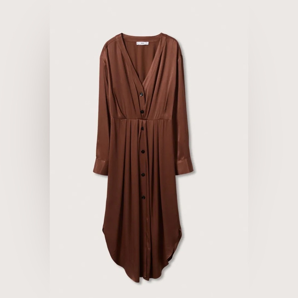 Mango Brown Long Sleeve Button-Front Midi Dress